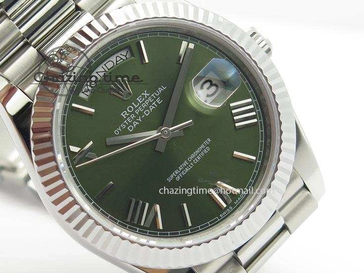 MiroTime 0508 Stretchable DayDate 40mm BP-Maker 228206 SS Green Roman Dial (Fluted Bezel) On SS Bracelet ETA 3904